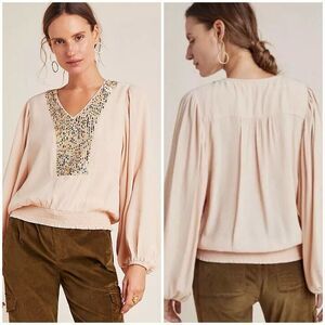 Anthropologie Maeve Kristie Sequined Peasant Blouse Top Peach Size Small Casual